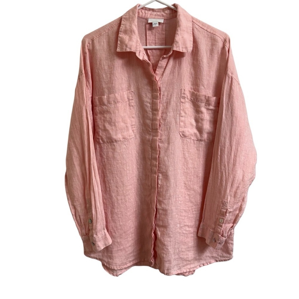 J Jill Love Linen Womens Size M Soft Pink Long Sleeve Button Up Tunic Blouse Top